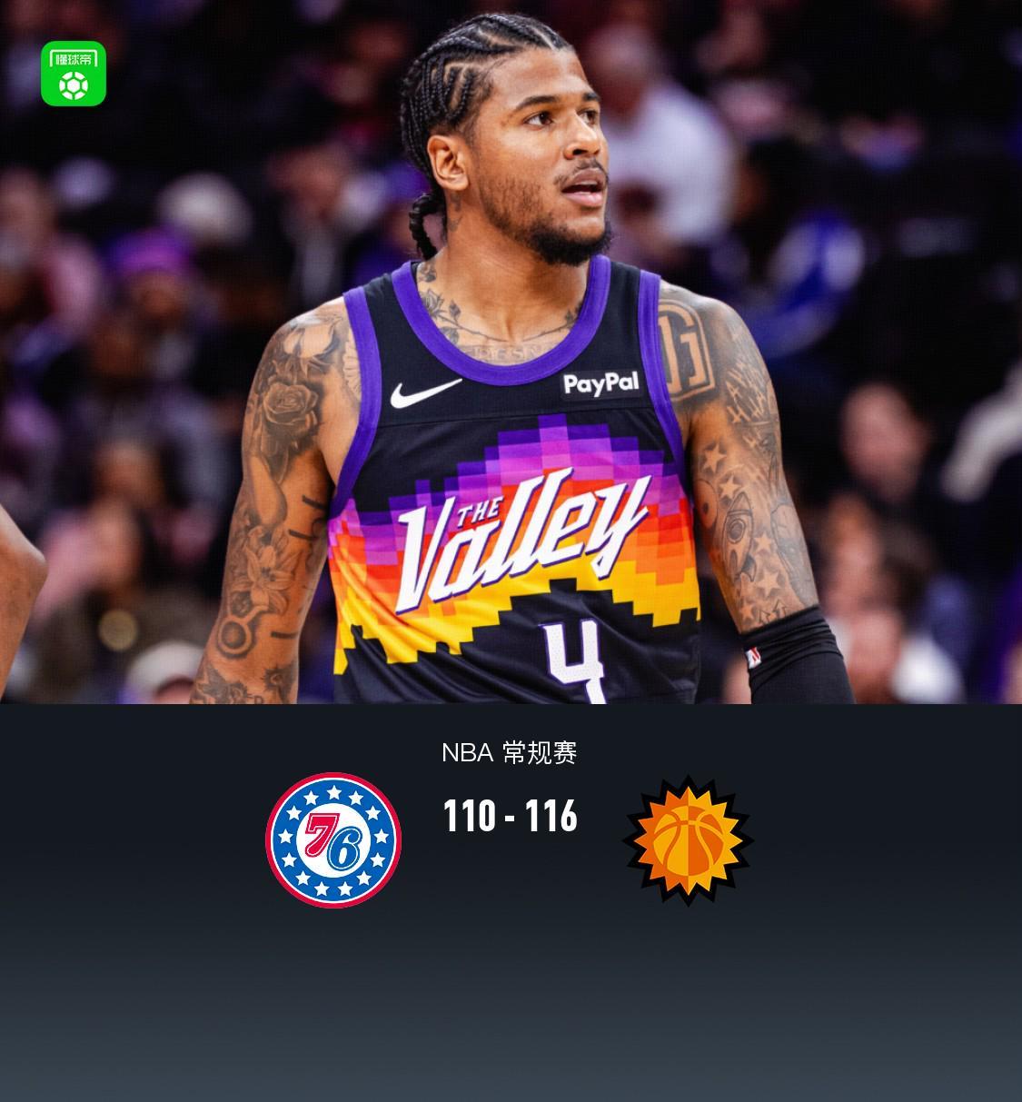 B体育官方网站-太阳116-110力克76人，杰伦-格林复出12分，布克27分